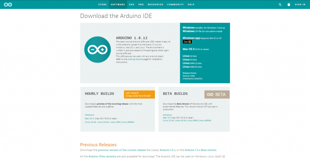 Arduino nasıl indirilir konusu için Arduino sitesinden indirme ekranı görüntüsü