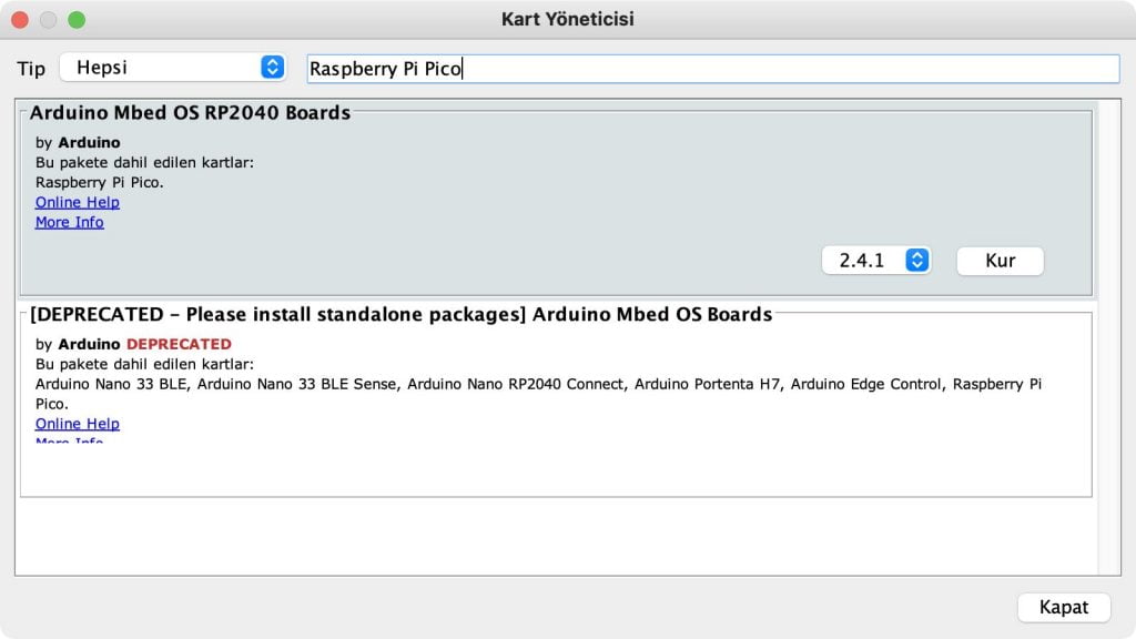 Arduino IDE 1.8 üzerinde Kart Yöneticisi ile Raspberry Pi Pico Kart Kurulumunun Yapılması